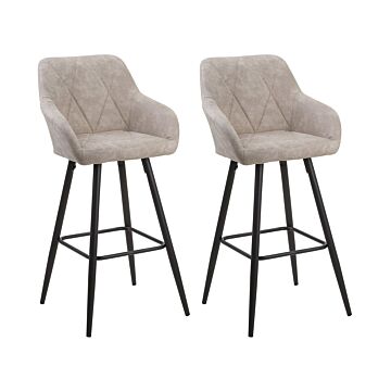 Set Of 2 Bar Stool Beige Fabric Upholstered With Arms Quilted Backrest Black Metal Legs Beliani
