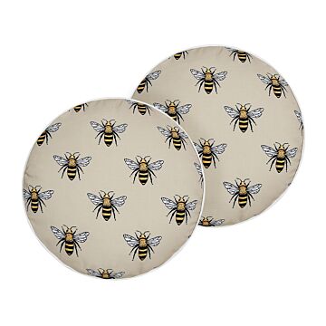Set Of 2 Garden Cushions Beige Polyester Bee Pattern ⌀ 40 Cm Round Modern Outdoor Patio Water Resistant Beliani