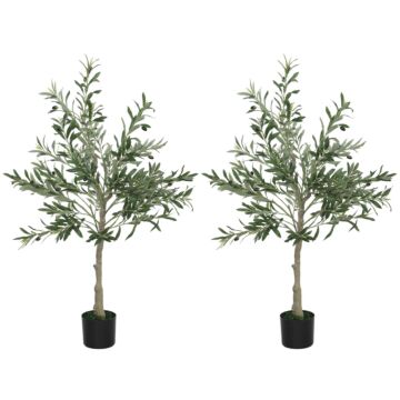 Homcom Set Of 2 4ft/ 120cm Decorative Artificial Plant, Silk Olive Tree With 450 Leaves And 20 Olive Fruits In Pot, Fake Plant For Home, Office, Living Room, Indoor Decor