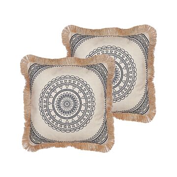 2 Cushions Beige Polyester Cover 45 X 45 Cm Boho Print Decorative Tassels Living Room Decor Beliani