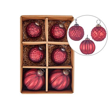 Set Of 6 Christmas Baubles Red Glass Hanging Xmas Tree Balls Holiday Decor Beliani