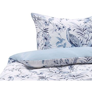 Duvet Cover And Pillowcase Set White And Blue Cotton Blend Floral Pattern 135 X 200 Cm Modern Boho Bedroom Beliani