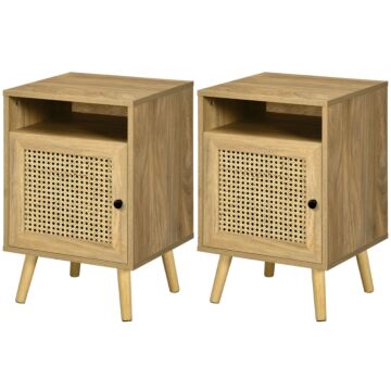 Homcom Bedside Table With Rattan Element, Side End Table With Shelf And Cupboard, 39cmx35cmx60cm, Set Of 2, Natural