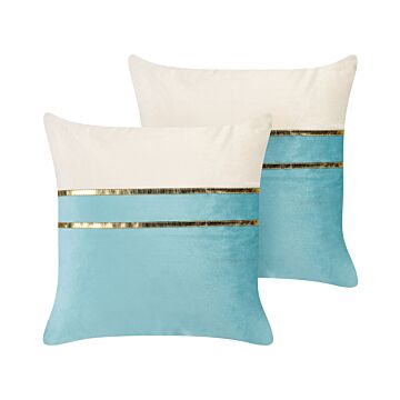 Set Of 2 Decorative Cushions Blue And Beige Velvet 45 X 45 Cm With Gold Lines Glamour Modern Living Room Bedroom Beliani
