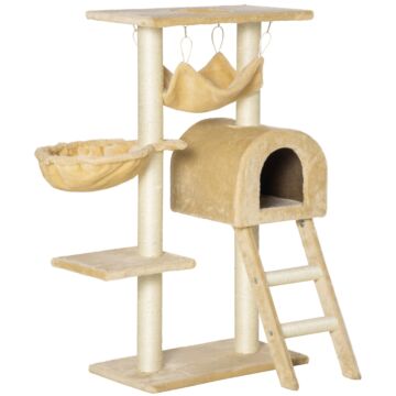 Pawhut Cat Tree Tower Kitten Activity Centre Scratching Post W/ Hammock Condo Bed Basket Ladder 98 Cm, Beige