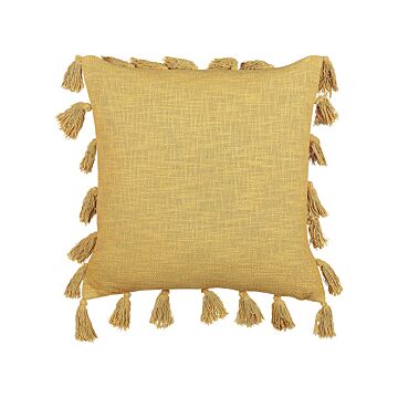Decorative Cushion Yellow Cotton 45 X 45 Cm With Tassels Modern Boho Decor Accessories Beliani