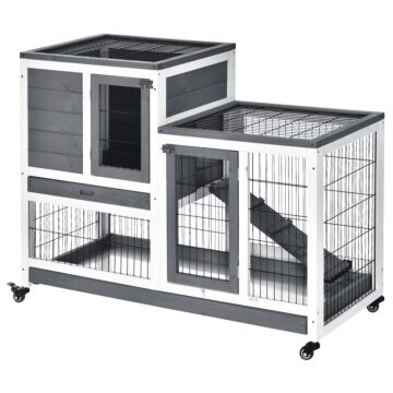 Pawhut Wooden Indoor Guinea Pigs Hutches Elevated Cage Habitat With Enclosed Run With Wheels, Ideal For Rabbits And Guinea Pigs, Grey And White