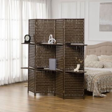 Homcom 4-panel Room Dividers With Shelves, Wave Fibre Freestanding Folding Privacy Screen Panels, Partition Wall Divider For Indoor Bedroom Brown