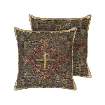 Scatter Cushions Set Green Jute And Wool 45 X 45 Cm Oriental Pattern Kilim Style Faded Colurs Beliani