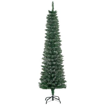 Homcom 5.5ft Artificial Pencil Shape Snow Dipped Christmas Tree With Foldable Black Stand, Green