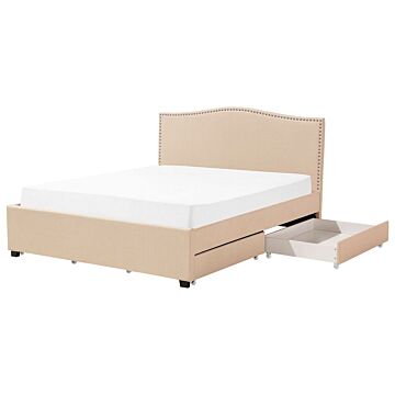 Bed Frame Beige Polyester Upholstered Drawer Storage 6ft Eu Super King Size Traditional Design Beliani