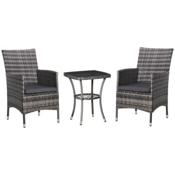 Outsunny 3 Pcs Rattan Garden Bistro Set With Cushions Patio Weave Companion Chair Table Set Conservatory, Light Grey