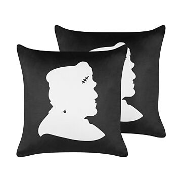Set Of 2 Decorative Cushions Black Velvet 45 X 45 Cm Frankenstein Pattern Square Halloween Accessories Decoration Beliani