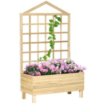 Outsunny Garden Planters With Trellis For Vine Climbing, Distressed Wooden Raised Beds, 90x43x150cm, Natural Tone
