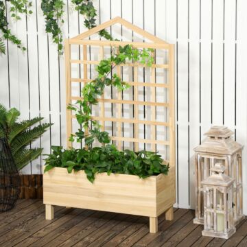 Outsunny Garden Planters With Trellis For Vine Climbing, Distressed Wooden Raised Beds, 90x43x150cm, Natural Tone