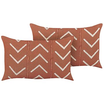 Set Of 2 Decorative Cushions Orange Cotton 35 X 55 Cm Geometric Pattern Boho Decor Accessories Beliani