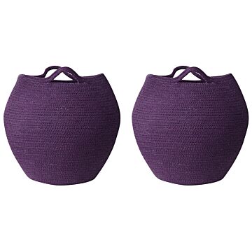 Set Of 2 Storage Baskets Violet Cotton 20 X 30 Cm Laundry Bins Handwoven Containers Beliani