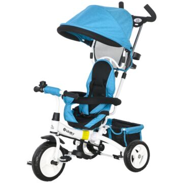 Homcom 4 In 1 Kids Trike Push Bike W/ Push Handle, Canopy, 5-point Safety Belt, Storage, Footrest, Brake, For 1-5 Years, Blue