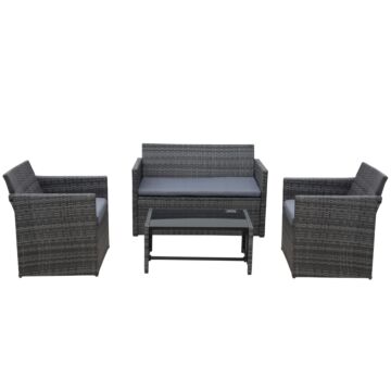 Outsunny 4-seater Rattan Garden Furniture Sofa Set Outdoor Patio Wicker Weave 2-seater Bench Chairs & Coffee Table, Grey