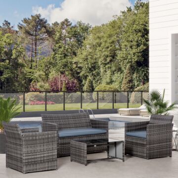 Outsunny 4-seater Rattan Garden Furniture Sofa Set Outdoor Patio Wicker Weave 2-seater Bench Chairs & Coffee Table, Grey