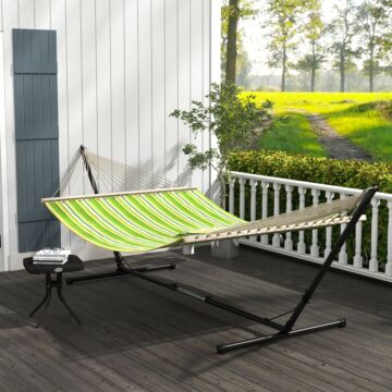 Outsunny Outdoor Garden Hammock With Stand, Double Cotton Hammock With Adjustable Steel Frame, Swing Hanging Bed With Pillow, Green Stripes