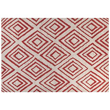 Area Rug White And Red Cotton 160 X 230 Cm Geometric Pattern Rectangular Hand Woven Modern Design Beliani