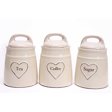 Ceramic Cream Heart Tea, Coffee And Sugar Canisters