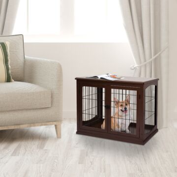 Pawhut 66cm Modern Indoor Pet Cage W/ Metal Wire 3 Doors Latches Base Small Animal House Tabletop Crate Decorative Stylish Brown