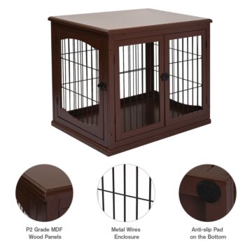 Pawhut 66cm Modern Indoor Pet Cage W/ Metal Wire 3 Doors Latches Base Small Animal House Tabletop Crate Decorative Stylish Brown