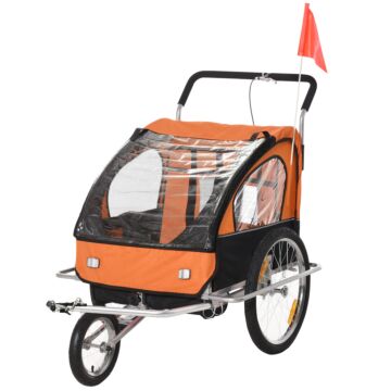 Homcom Collapsible Bike Trailer 2-seater For Baby Bicycle With Pivot Wheel Suitable For 18 Month + Child Orange