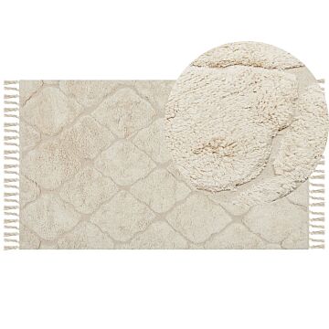 Area Rug Beige Cotton 80 X 150 Cm Minimalistic Tufted Shaggy Design Geometric Pattern Living Room Bedroom Beliani