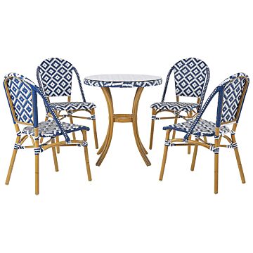 4 Seater Garden Dining Set Blue And White Pe Rattan Top Ø 70 Table And 4 Stackable Aluminium Frame Beliani