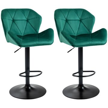 Homcom Bar Stools Set Of 2, Luxurious Velvet-touch Barstools With Metal Frame Footrest Round Base Triangle Indenting Adjustable Height Swivel Green