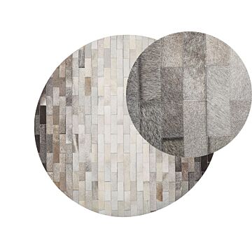 Round Rug Brown And Beige Cowhide Leather Ø 140 Cm Patchwork Rectangles Rustic Beliani