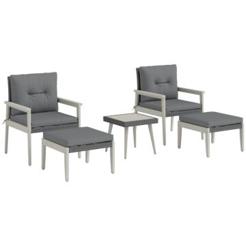 Outsunny 5 Pieces Rattan Garden Furniture Set, Patio Conversation Set With Cushions, Acacia Wood Top Coffee Table And Footstools, Outdoor Table And Chairs For Balcony, Terrace And Conservatory, Grey