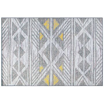 Rug Grey With Yellow Polyester 140 X 200 Cm Low Pile Geometric Pattern Beliani