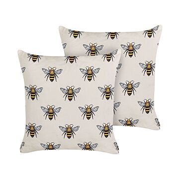 Set Of 2 Garden Cushions Beige Polyester Bee Pattern 45 X 45 Cm Square Modern Outdoor Patio Water Resistant Beliani