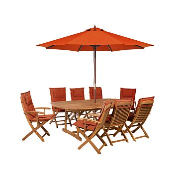 Outdoor Dining Set Light Acacia Wood With Red Cushions 8 Seater Table Folding Chairs Red Umbrella Beliani