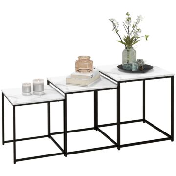 Homcom Nesting Tables Set Of 3, Side End Table With Faux Marble Effect Top And Steel Legs, White