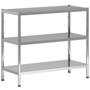 Homcom 3-tier Bakers Rack With Storage, Stainless Steel Microwave Stand With Adjustable Shelves For Small Spaces, Kitchen Storage Unit For Spices, Pots And Pans, Silver Tone