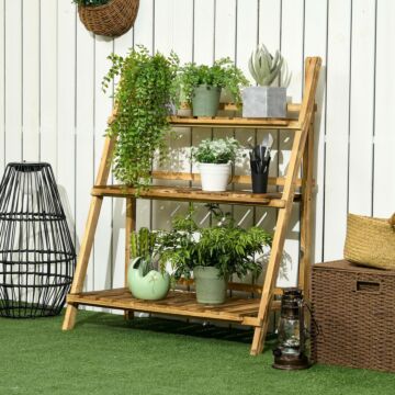 Outsunny Wooden Folding Flower Pot Stand 3 Tier Garden Planter Display Ladder Gardener Storage Shelves Rack Herb Holder (80l X 37w X 93h (cm))