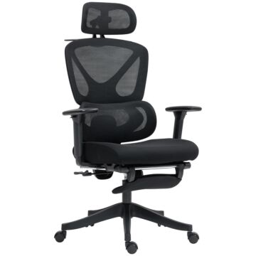 Homcom Executive Office Chair, Ergonomic Mesh Desk Chair With 3d Armrests, Rotatable Headrest, Adjustable Lumbar Support, Recliner Computer Swivel Chair With Footrest For Home Office, Black