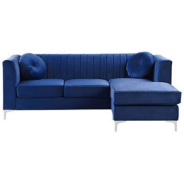 Corner Sofa Blue Velvet With Cushions 3 People Left Hand Glamour Beliani