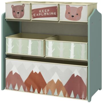 Zonekiz Kids Storage Units With 6 Fabric Bins, Childrens Toy Storage Organiser For Bedroom, Nursery, 63 X 30 X 66cm, Green