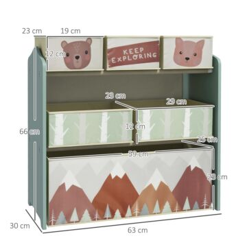 Zonekiz Kids Storage Units With 6 Fabric Bins, Childrens Toy Storage Organiser, 63 X 30 X 66cm, Green