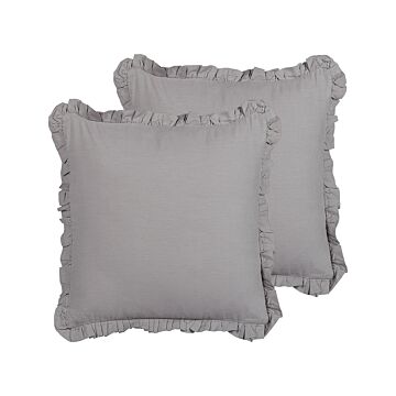 Set Of 2 Decorative Cushions Grey Linen 45 X 45 Cm Solid Colour Fringe Home Decoration Beliani