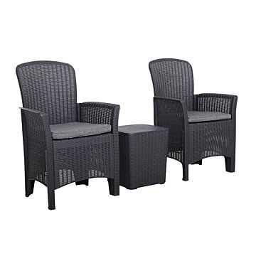 Faro Black Relax 3 Pc Bistro Set - 2 Comfort Stackable Chairs Inc. Cushions And Storage Side Tab