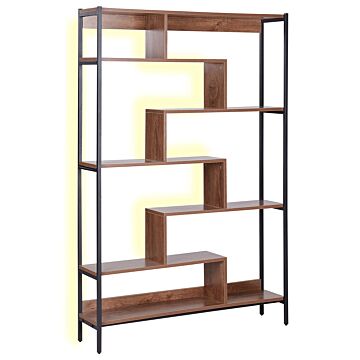6 Tier Bookcase Dark Wood Shelves Black Metal Steel Frame With Led Lights Open Back Storage Industrial Beliani