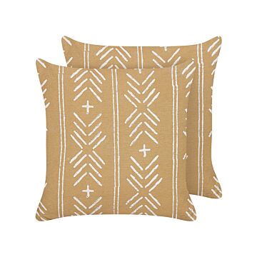 Set Of 2 Scatter Cushions Beige And White Cotton 45 X 45 Cm Geometric Pattern Handmade Removable Cover With Filling Beliani