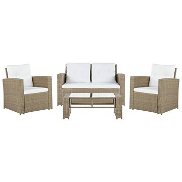 Garden Sofa Set Light Brown Faux Rattan With Beige Cushions With Coffee Table 4 Seater Beliani